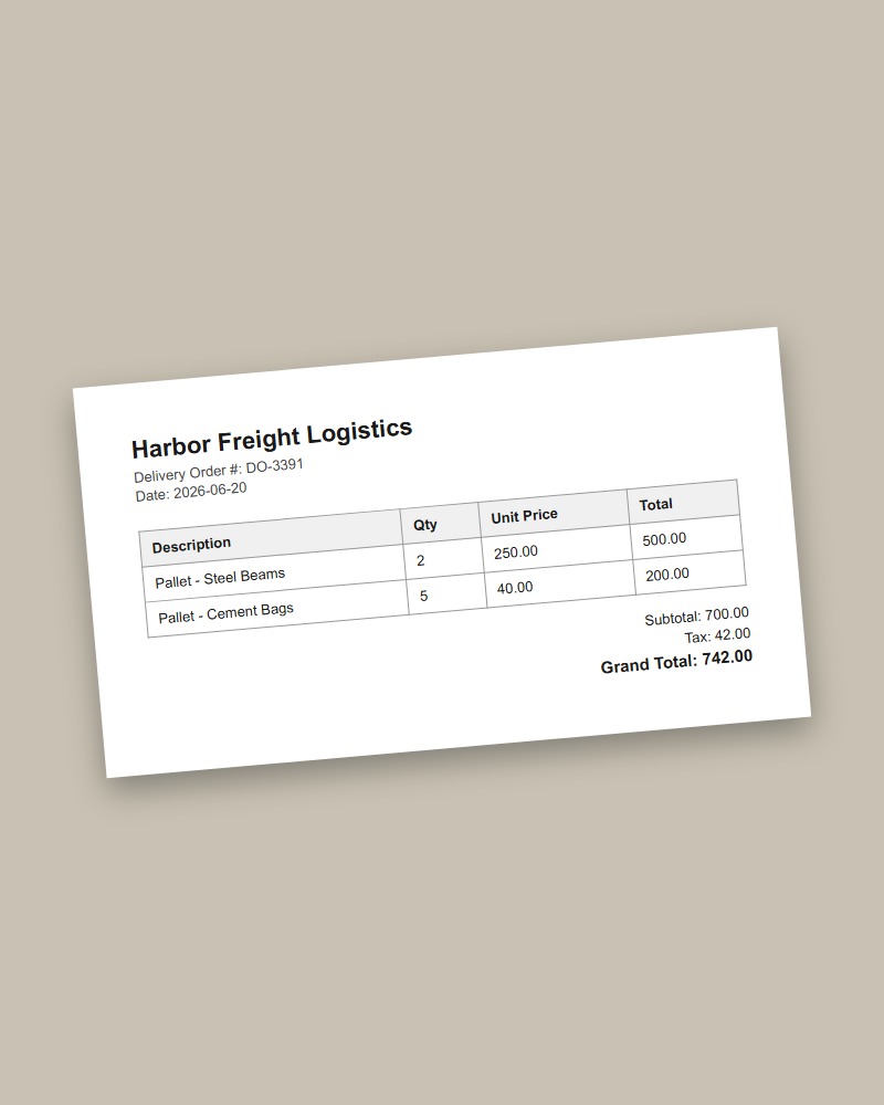 Angled phone photo of a delivery order sample