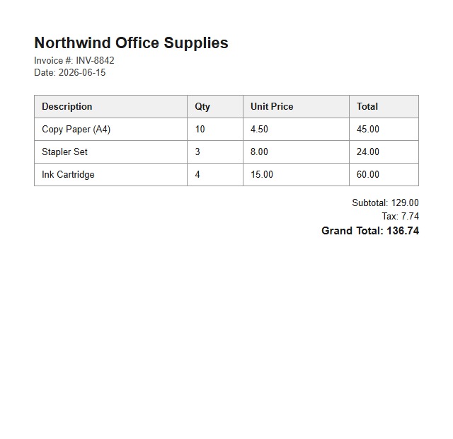 Clean scanned invoice sample